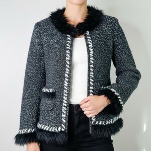 CHANEL Black White Cashmere Blend Faux Fur Trim Knit Cardigan Jacket Lady Coat